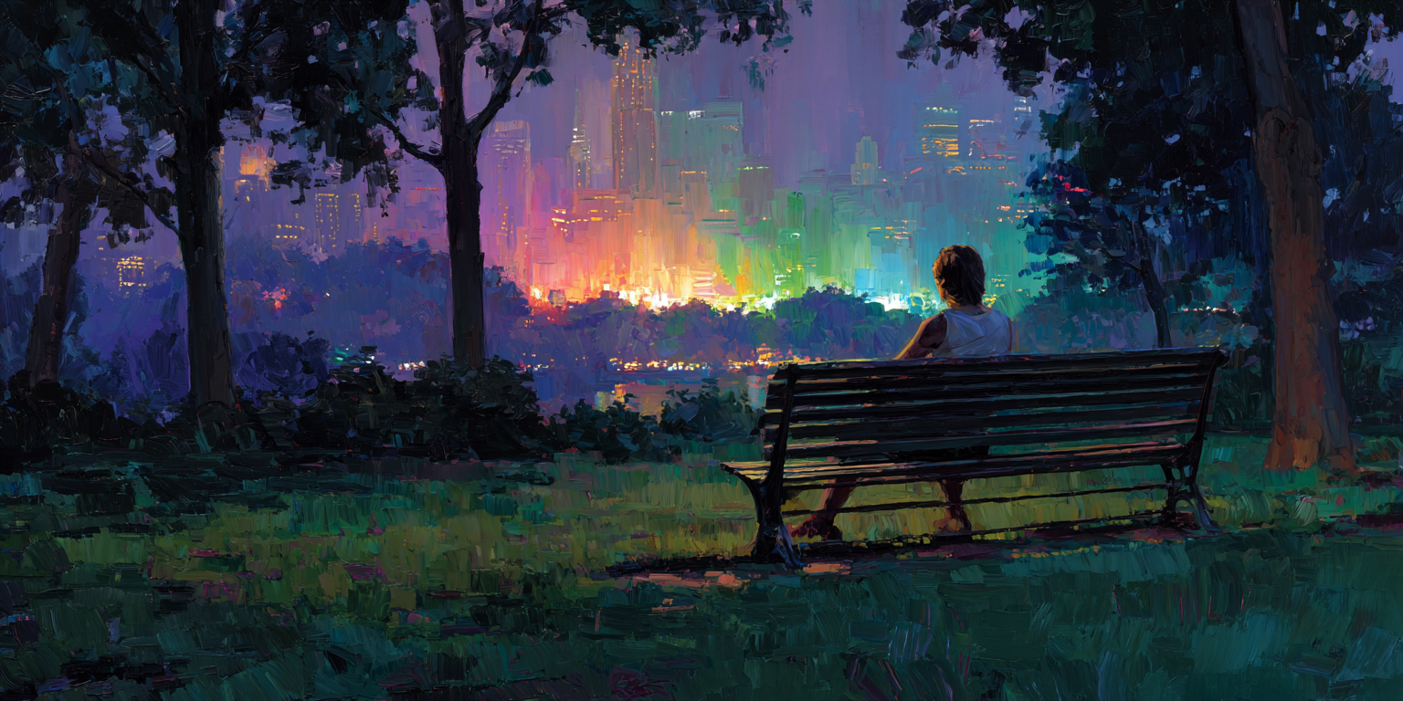 A young adult sits alone on a quiet park bench at dusk, reflecting as a distant LGBT pride celebration glows softly, suggesting a contemplative Christian response to Pride Month.