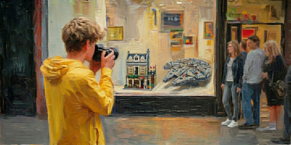 A real-life spectacle related to the Bricks and Minifigs controversy forming around a quiet storefront and a tense public dispute.