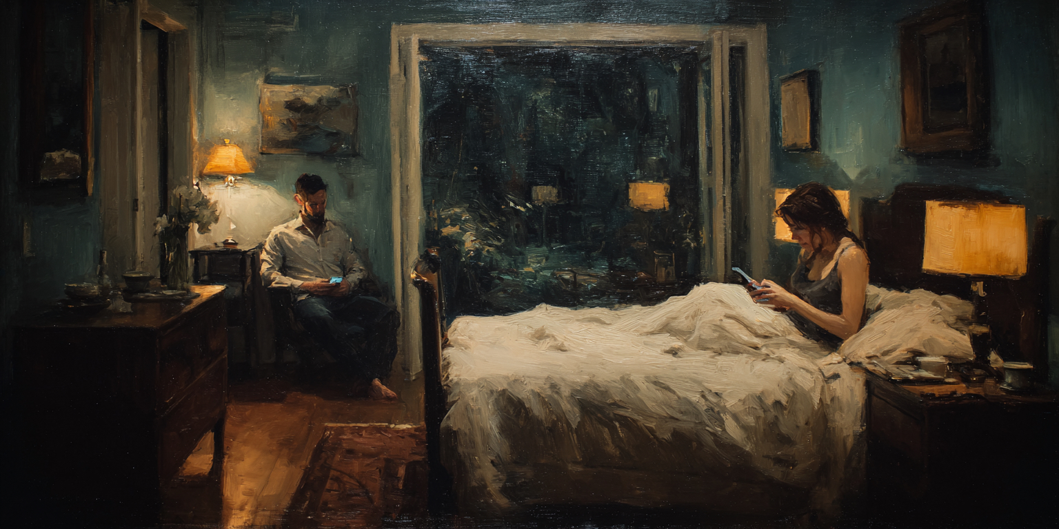A distant couple in a bedroom illustrates the question, Is pornography harmful to love, trust, and connection?