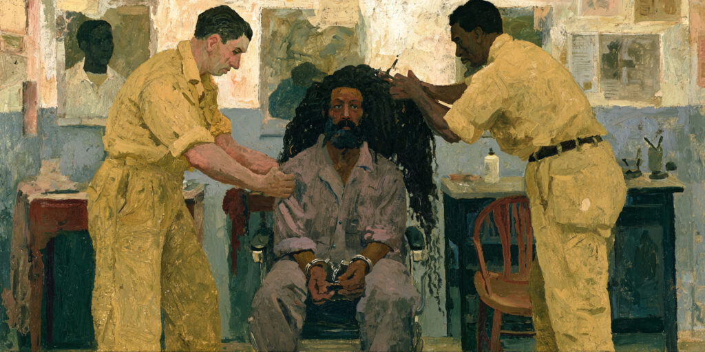 A prison intake room showing RLUIPA prison religious freedom through a man with dreadlocks and legal papers.