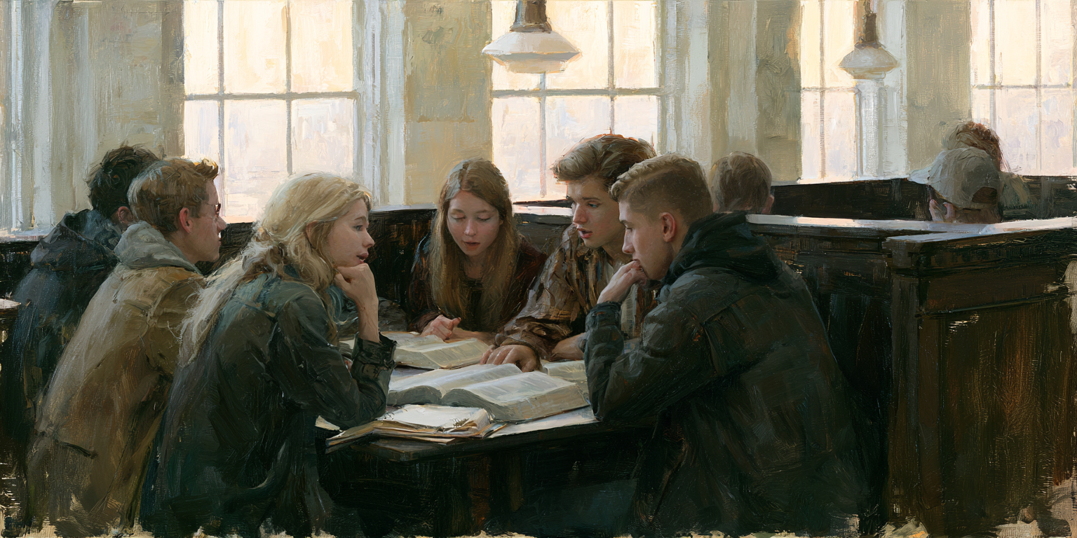 College students discuss open scriptures in a sunlit library, reflecting on love and law through study and conversation.