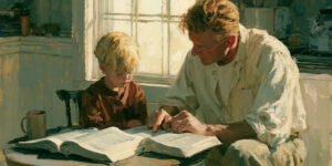 A father and child reflect on the nature of God through scripture study, reflecting the latter-day saint answer to the question 