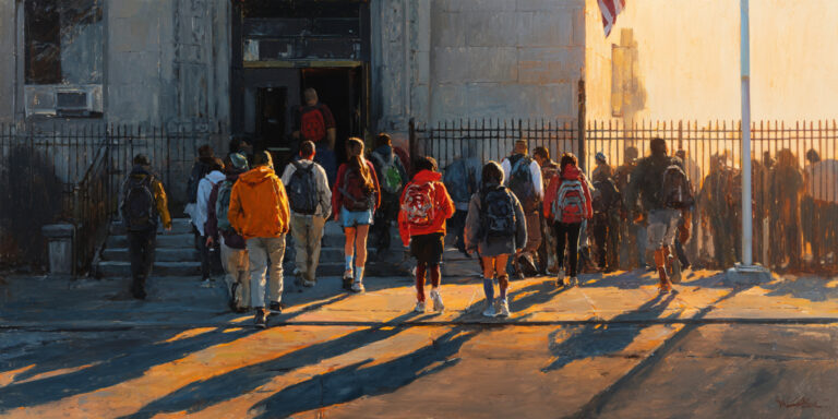Students gather outside a public school entrance, representing Religion in public schools and civic pluralism.