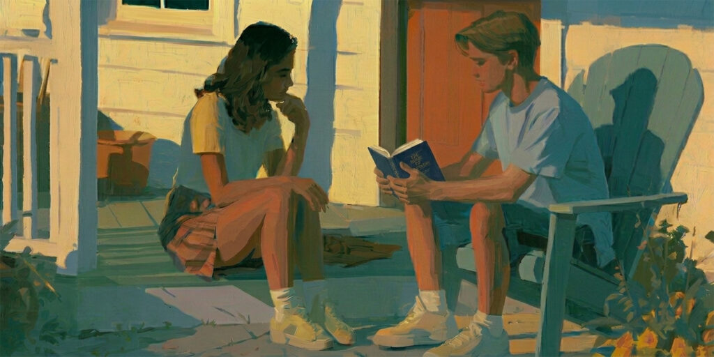 One friend shares the Book of Mormon with another, representing how Latter-day Saints point others to Jesus Christ through personal witness.