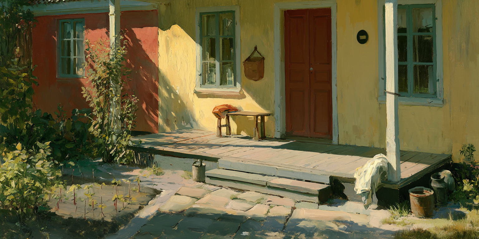 A front porch scene with seedlings representing the buds of religious freedom, while partisan flags are folded and cast to the side.