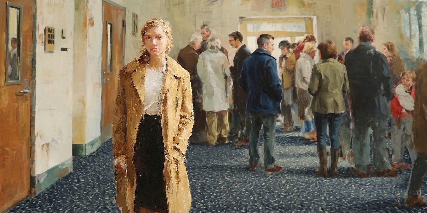 One woman stands apart as others gather nearby in a church foyer, reflecting themes of disaffection discussed in "Torn", and this "Torn" book review.