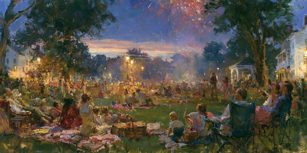 Families gather at a park to watch 4th of July fireworks celebrating America's founding.