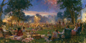 Families gather at a park to watch 4th of July fireworks celebrating America's founding.