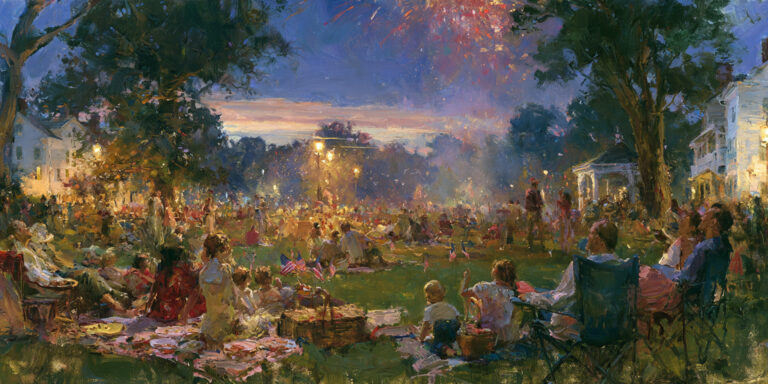 Families gather at a park to watch 4th of July fireworks celebrating America's founding.