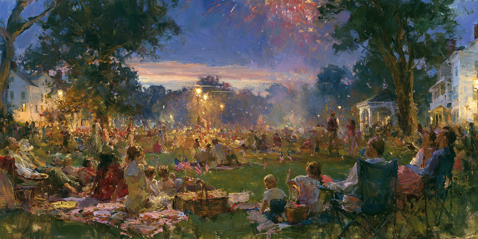 Families gather at a park to watch 4th of July fireworks celebrating America's founding.