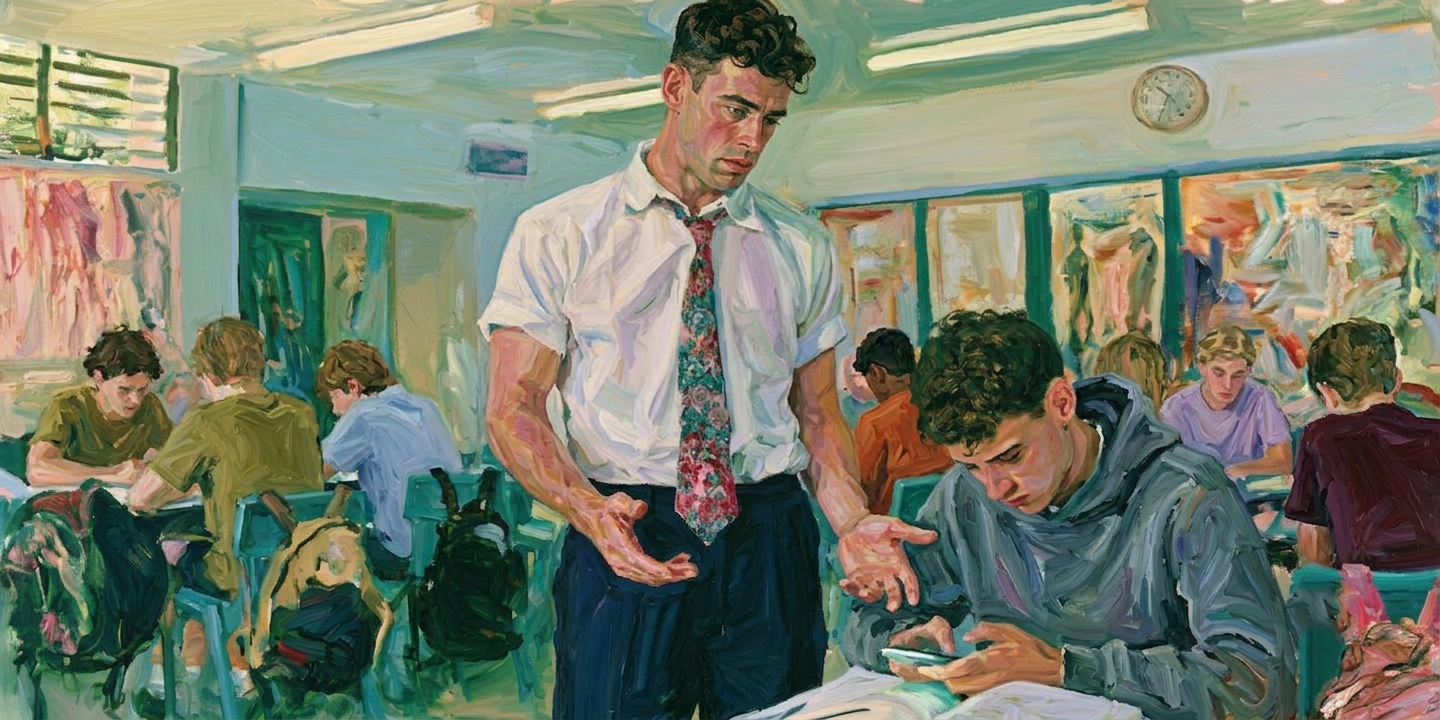 A classroom scene showing social media polarization and agency in a student’s digital habits.