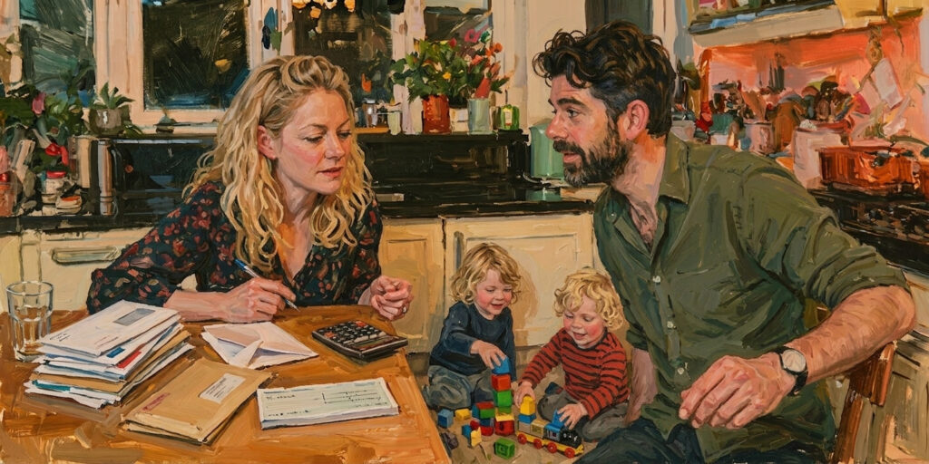A family practices religious giving together around a household budget.