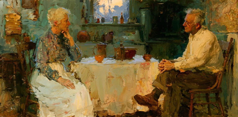 An older couple sits quietly in a farmhouse kitchen, reflecting the hope of further love and intimacy in eternal families.