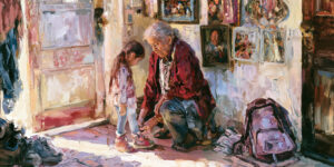 A grandmother helping a child prepare for school in a kinship care home within the foster care system.