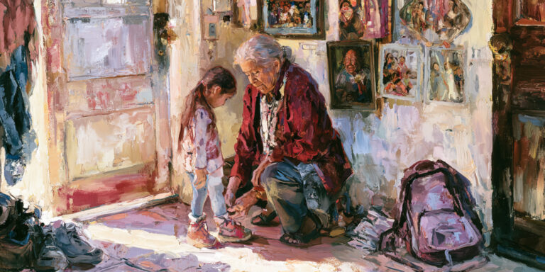 A grandmother helping a child prepare for school in a kinship care home within the foster care system.