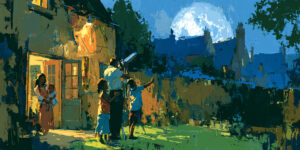 A family joyfully observes the moon through a backyard telescope, connecting faith, childhood wonder, and space exploration.