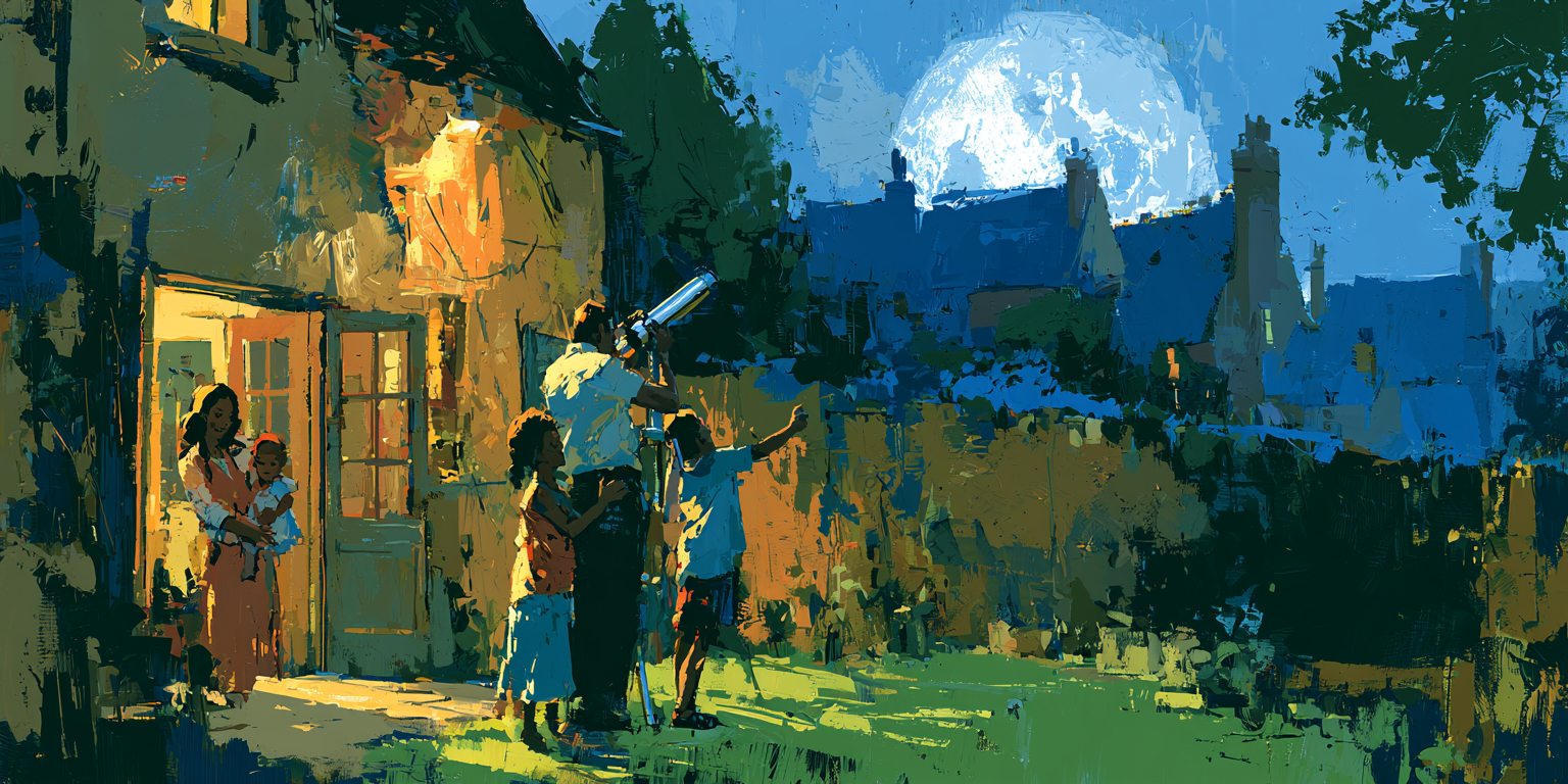 A family joyfully observes the moon through a backyard telescope, connecting faith, childhood wonder, and space exploration.