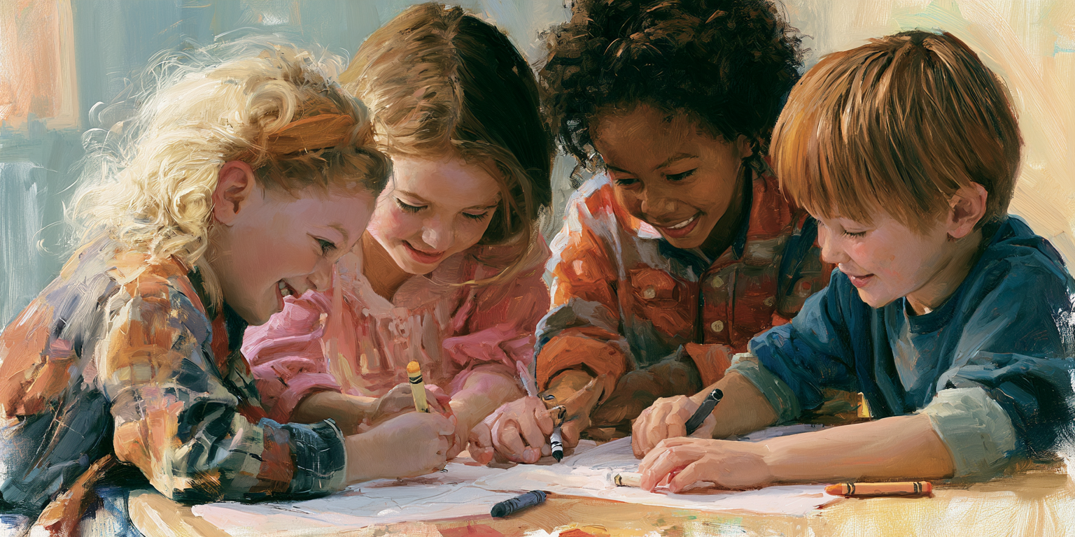 Four elementary students smile while working on an art project.