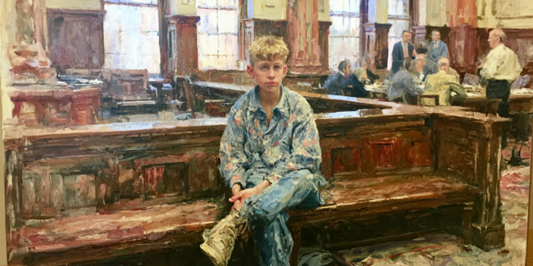 Children’s rights in no-fault divorce represented by a child waiting alone outside a family courtroom.
