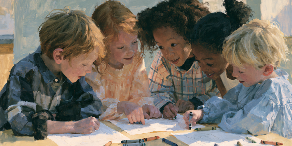 Elementary students smile while working on an art project.