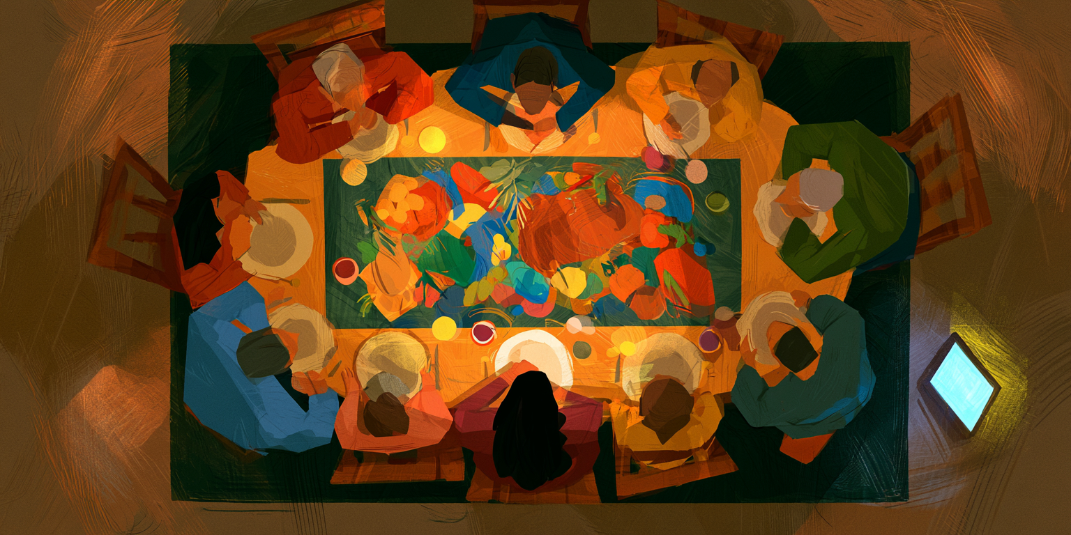 The impact of AI on relationships illustrated through a family gathered around a simple dinner table, sharing attention and presence.