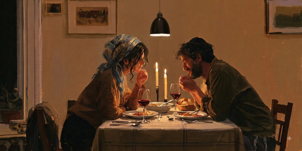 A Jewish couple shares a quiet shabbat dinner, in a moment of faith in marriage.