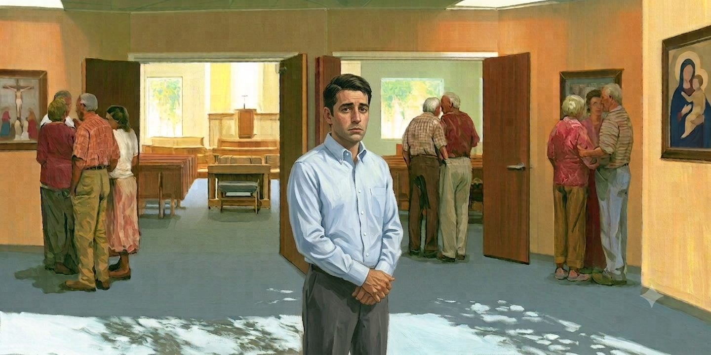 A man stands feeling judged at church while several small groups remain absorbed in their own conversations.