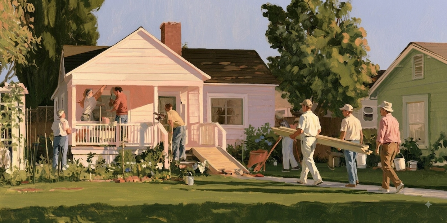 Congregation volunteers repair a neighbor’s home, reflecting religion and relationships through hands-on community service.