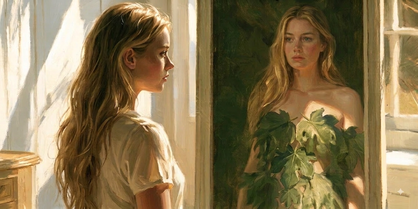 A contemporary young woman looks into a mirror and sees herself reflected as Eve in a modest fig-leaf covering, evoking body shame and identity.