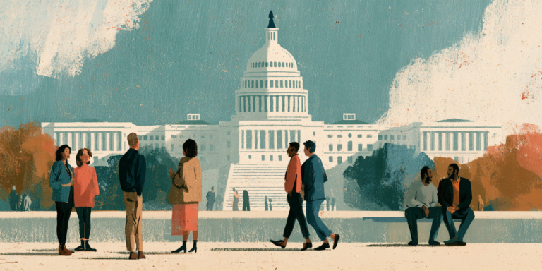 People interacting in front of the U.S. Capitol suggests how citizens defend the Constitution by a willingness to compromise.