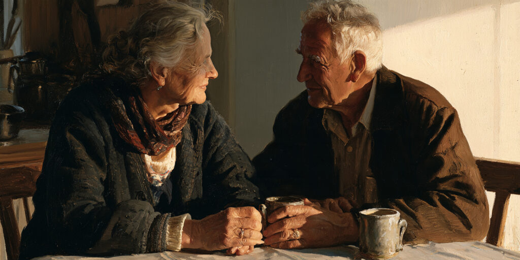 An older couple sharing a quiet breakfast, suggesting fidelity in marriage through ordinary daily commitment.