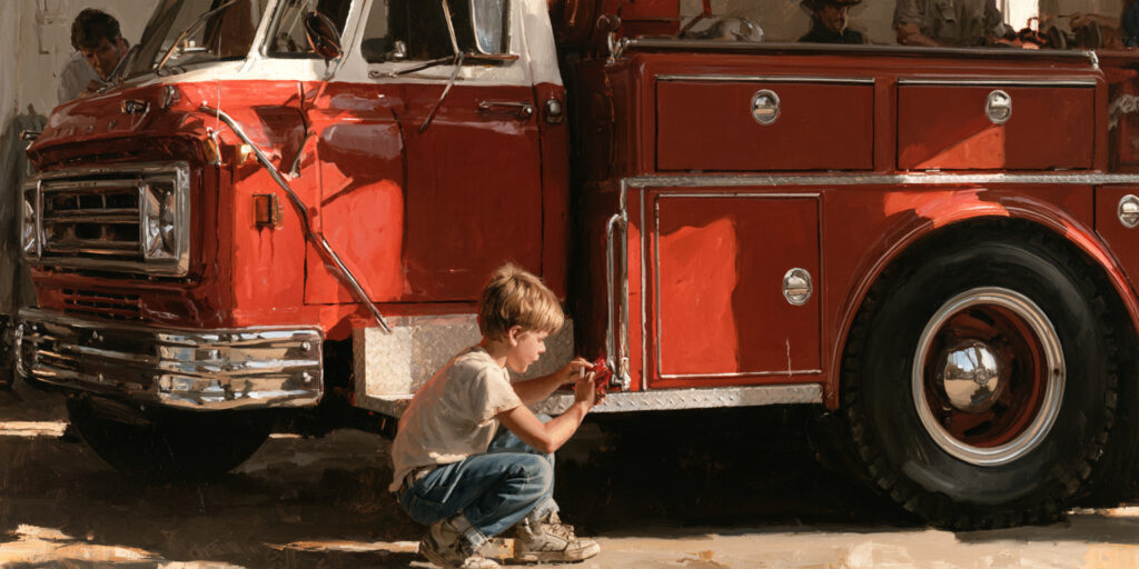 A boy polishing a fire engine. 9/11 hero Welles Crowther helped in his father’s fire station as a boy, which helped form his heroic character.