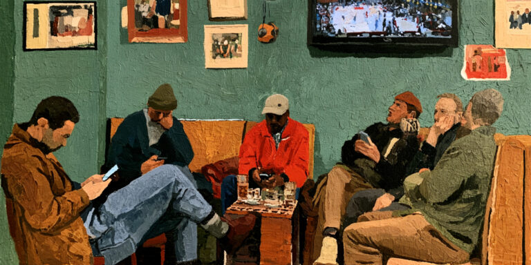 Men focused on phone betting in a sports bar during a basketball game illustrates gambling addiction.