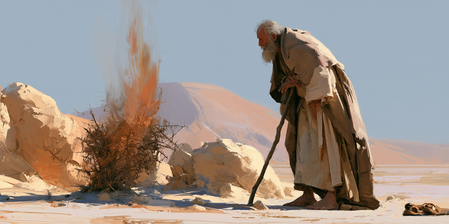 A painterly depiction of Moses before the burning bush illustrates a personal relationship with God.