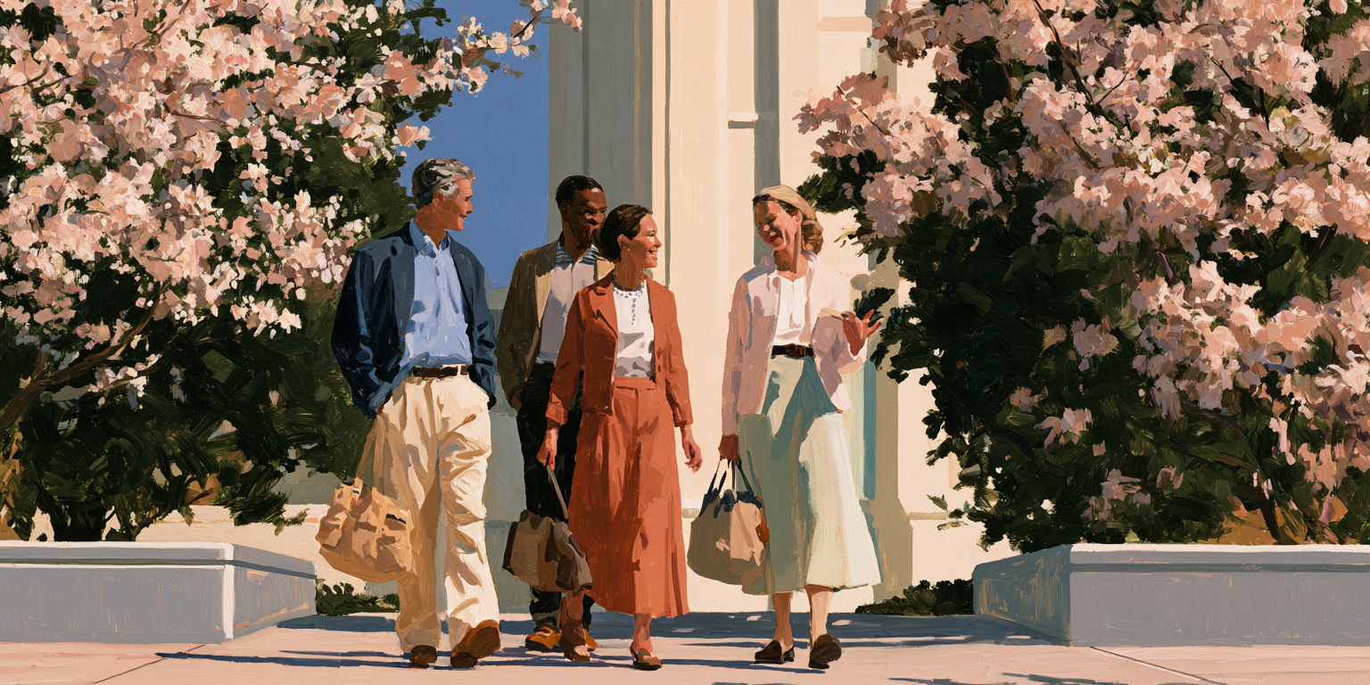 Two men and two women share a friendly conversation outside a temple where they seek temple blessings.