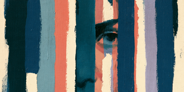 An abstract face behind vertical bands suggests the humanity of people facing the death penalty.