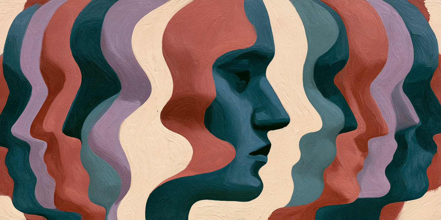 An abstract human profile emerges from repeated shapes, suggesting independent thought amid political polarization.