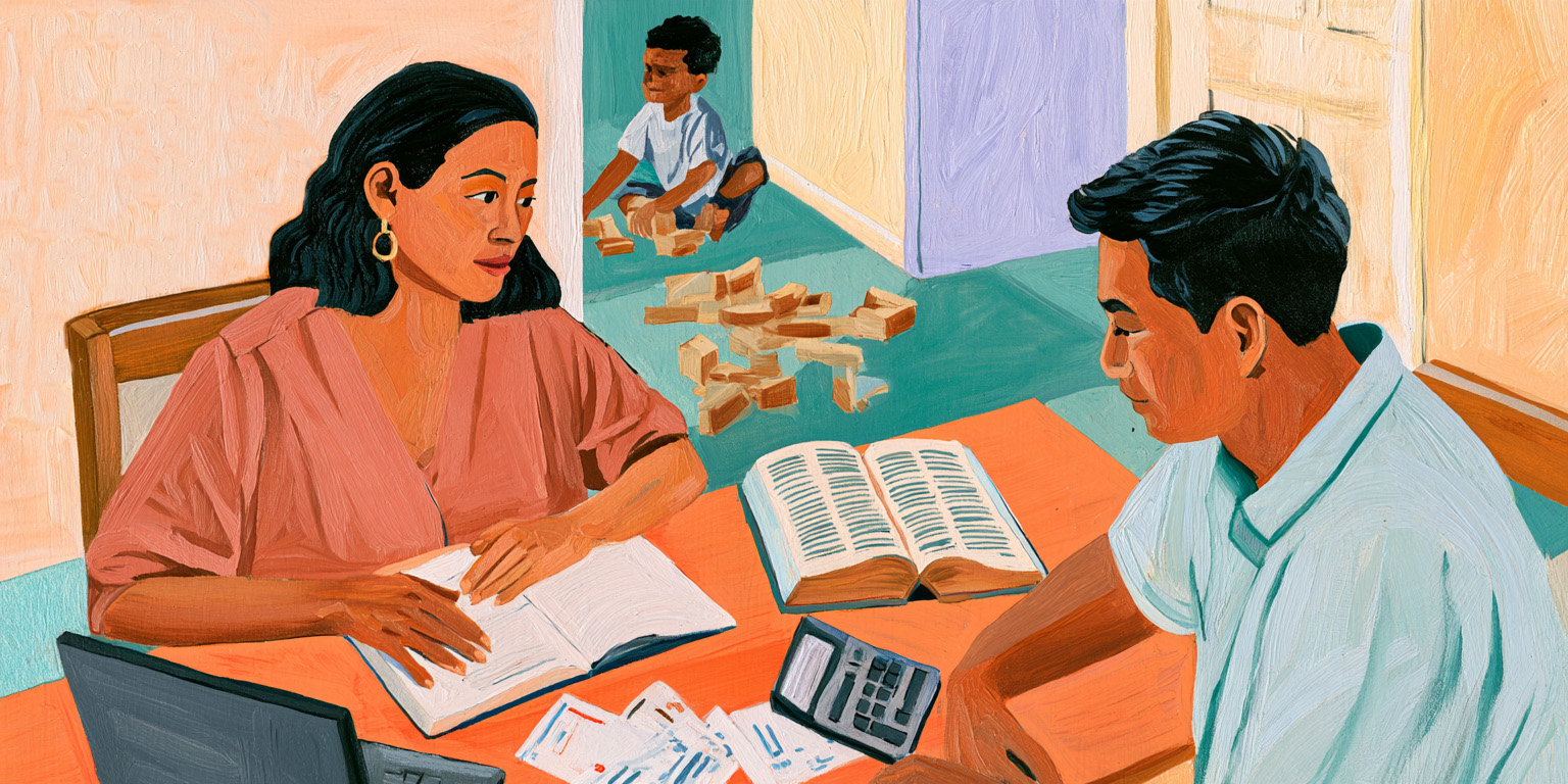 Parents discuss tithing and their family budget while a child plays nearby.