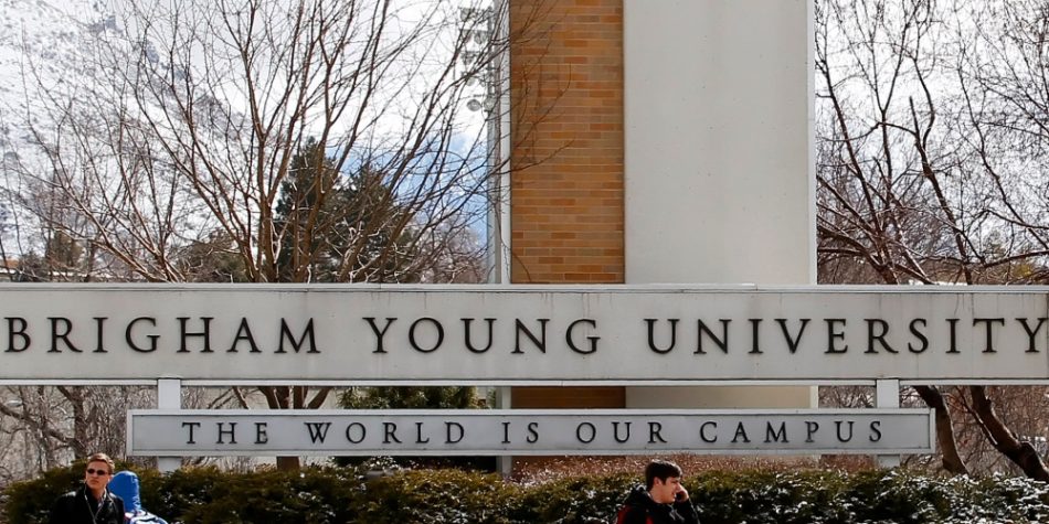 Students walks past the entrance of Brigham Young University on March 1, 2012 in Provo, Utah.