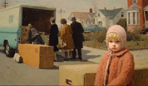 A child stands silently near moving boxes, evoking the hidden burden of childhood sexual abuse.