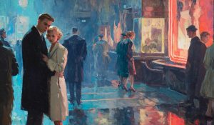 A behind-the-scenes moment of melancholy intimacy on a film set, showing the sad state of marriage in movies.