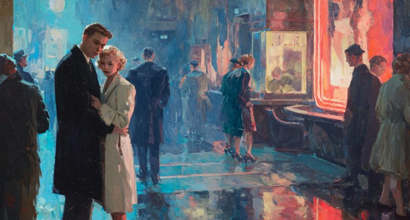 A behind-the-scenes moment of melancholy intimacy on a film set, showing the sad state of marriage in movies.