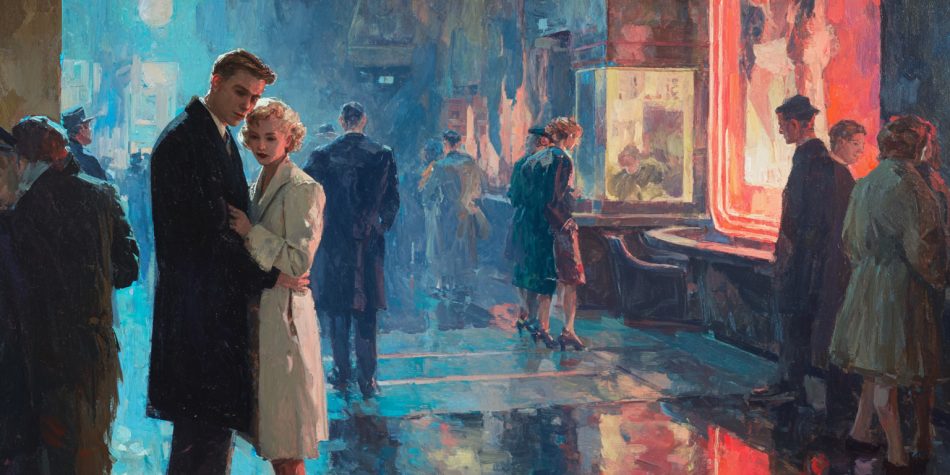 A behind-the-scenes moment of melancholy intimacy on a film set, showing the sad state of marriage in movies.