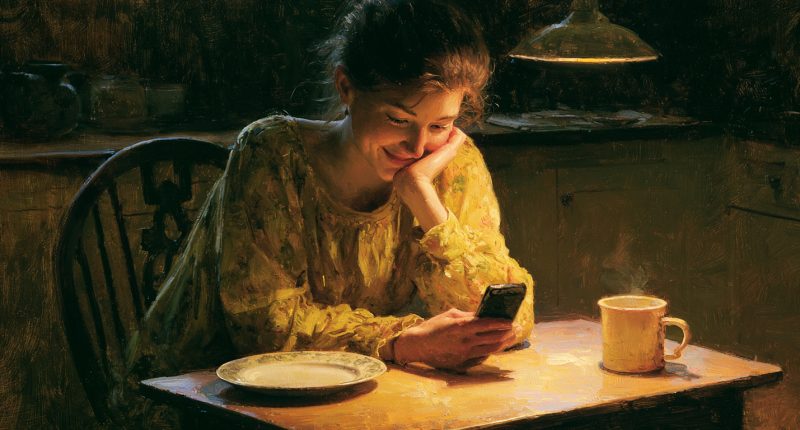 A woman alone at night smiles at a phone, suggesting the lonely appeal of AI romantic companions.