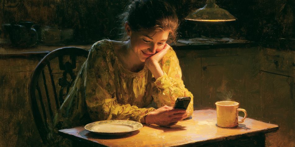 A woman alone at night smiles at a phone, suggesting the lonely appeal of AI romantic companions.