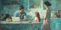 A family-centered domestic scene shows technology kept in proper perspective in the age of artificial intelligence.