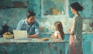 A family-centered domestic scene shows technology kept in proper perspective in the age of artificial intelligence.
