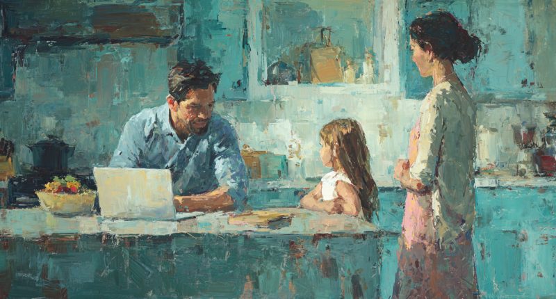 A family-centered domestic scene shows technology kept in proper perspective in the age of artificial intelligence.