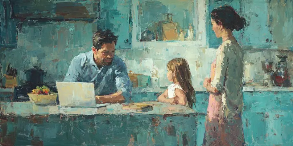 A family-centered domestic scene shows technology kept in proper perspective in the age of artificial intelligence.