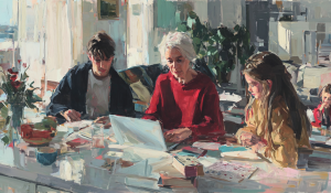 A grandmother watches children use a laptop at a kitchen table, with cards, books, and paper nearby to suggest family balance with AI in education.